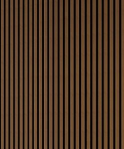 Vertical slatted acoustic panel with dark sound‑absorbing backing